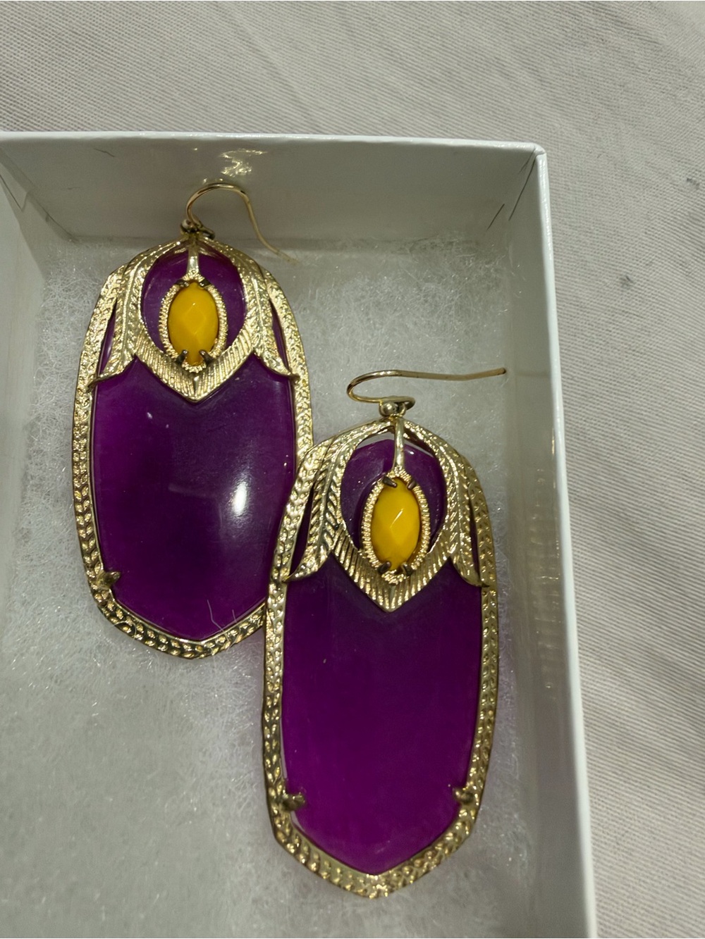 Kendra Scott Purple and Yellow Gold-Trim Drop Earrings perfect for game day!